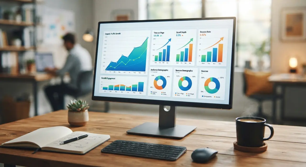 Gráfico de crescimento orgânico e métricas de engajamento de leitores