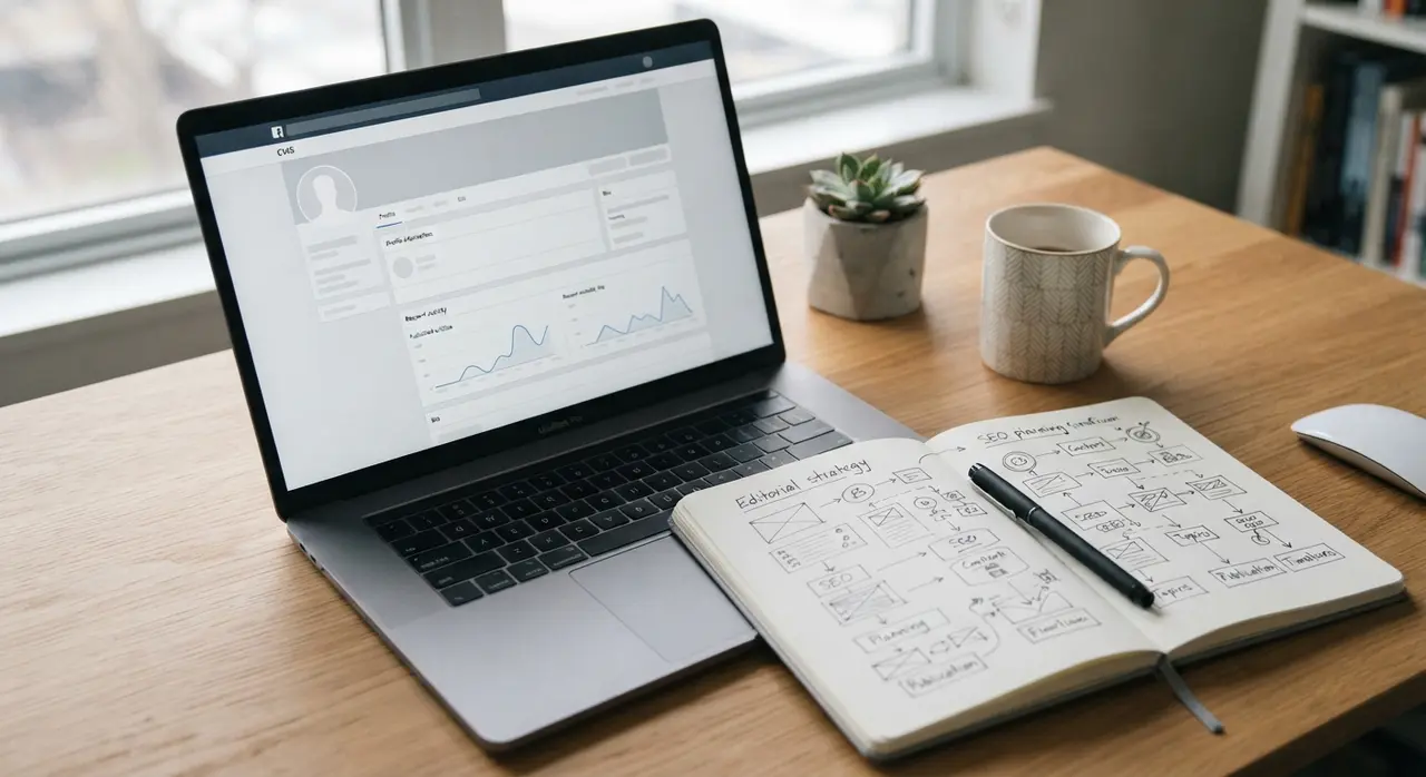 Mesa de trabalho com notebook exibindo painel editorial e anotações sobre estratégia de conteúdo e autoria
