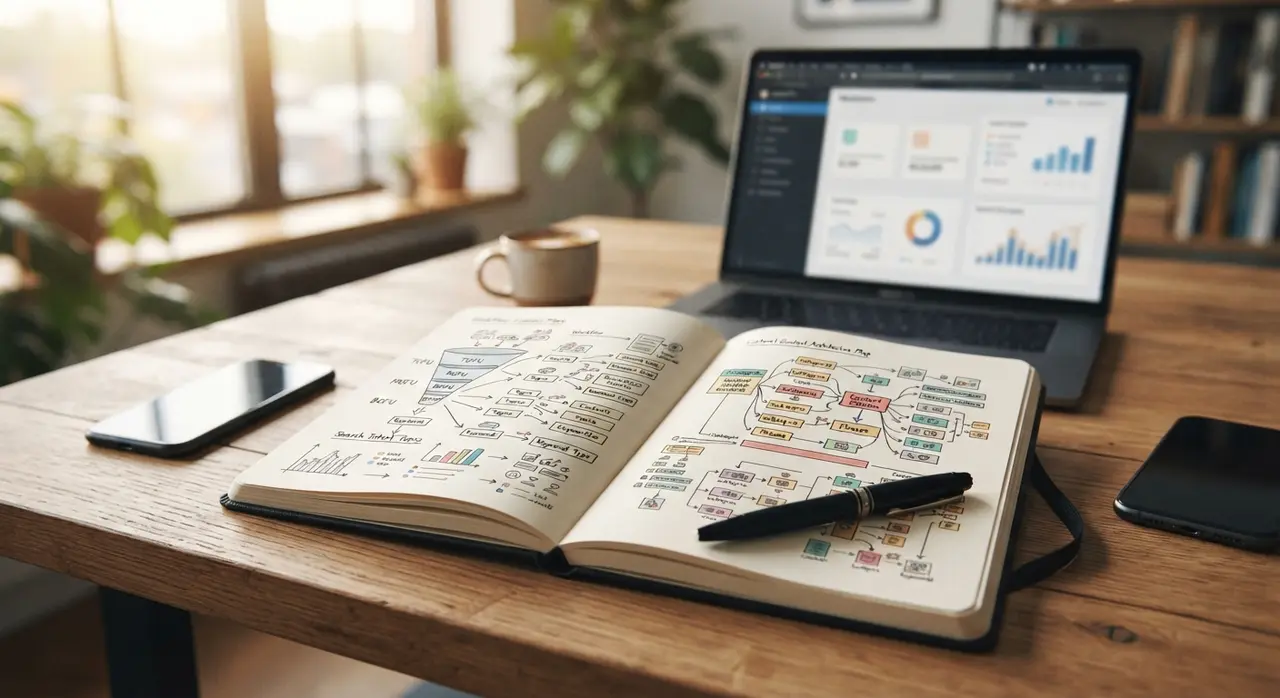 Mesa de trabalho com documentos e gráficos de planejamento editorial e arquitetura de conteúdo