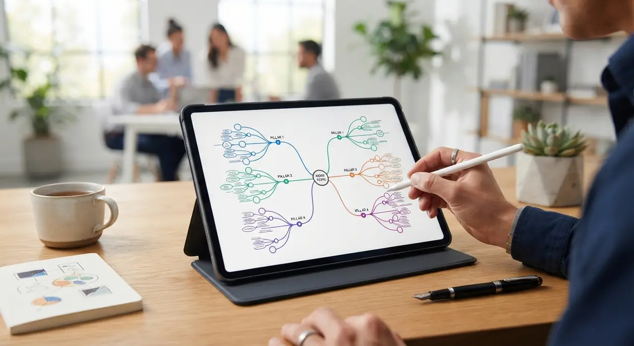 Planejamento editorial em um tablet mostrando rotas de interlink e organização temática