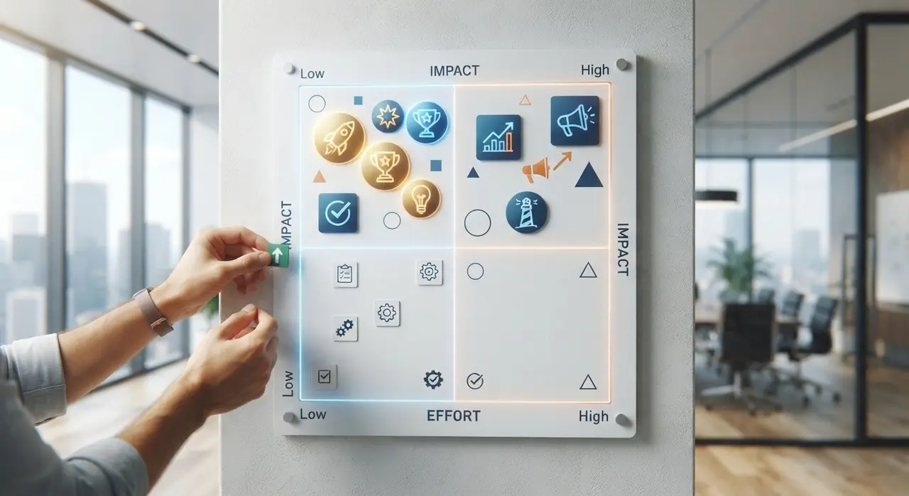 Diagrama de matriz de priorização de conteúdo comparando esforço e impacto comercial.