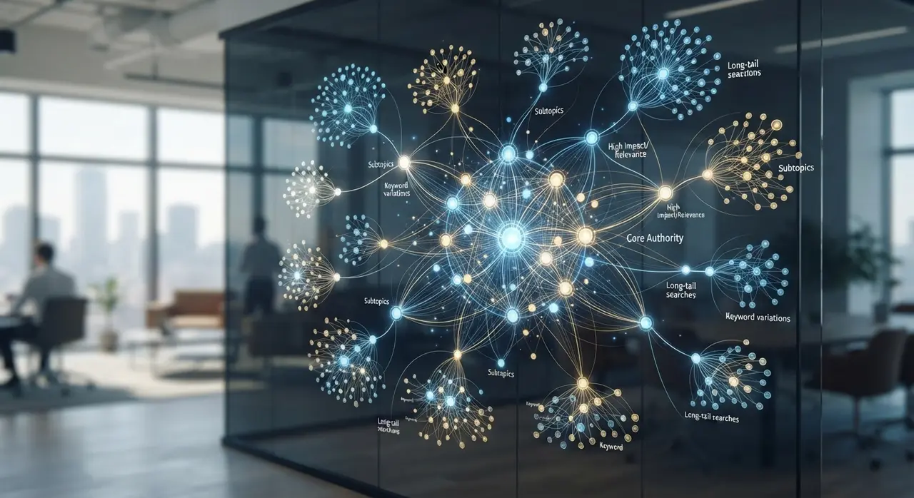 Ilustração de mapa de autoridade temática e clusters de conteúdo interligados.