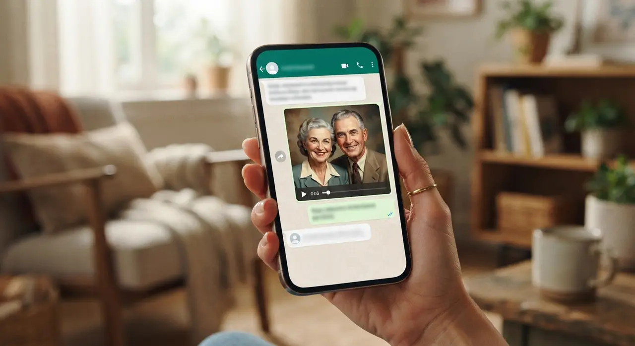 A photo brought to life as an 8-second talking video inside WhatsApp.