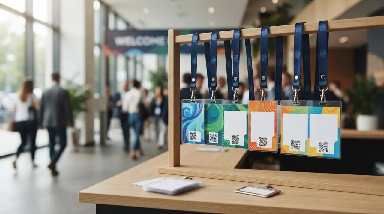 Diferentes cores de credenciais em PVC personalizadas para separação visual de públicos.