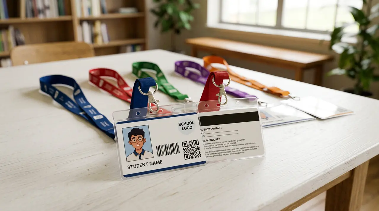 Conjunto de carteirinhas para alunos fixadas em cordões institucionais sobre uma mesa
