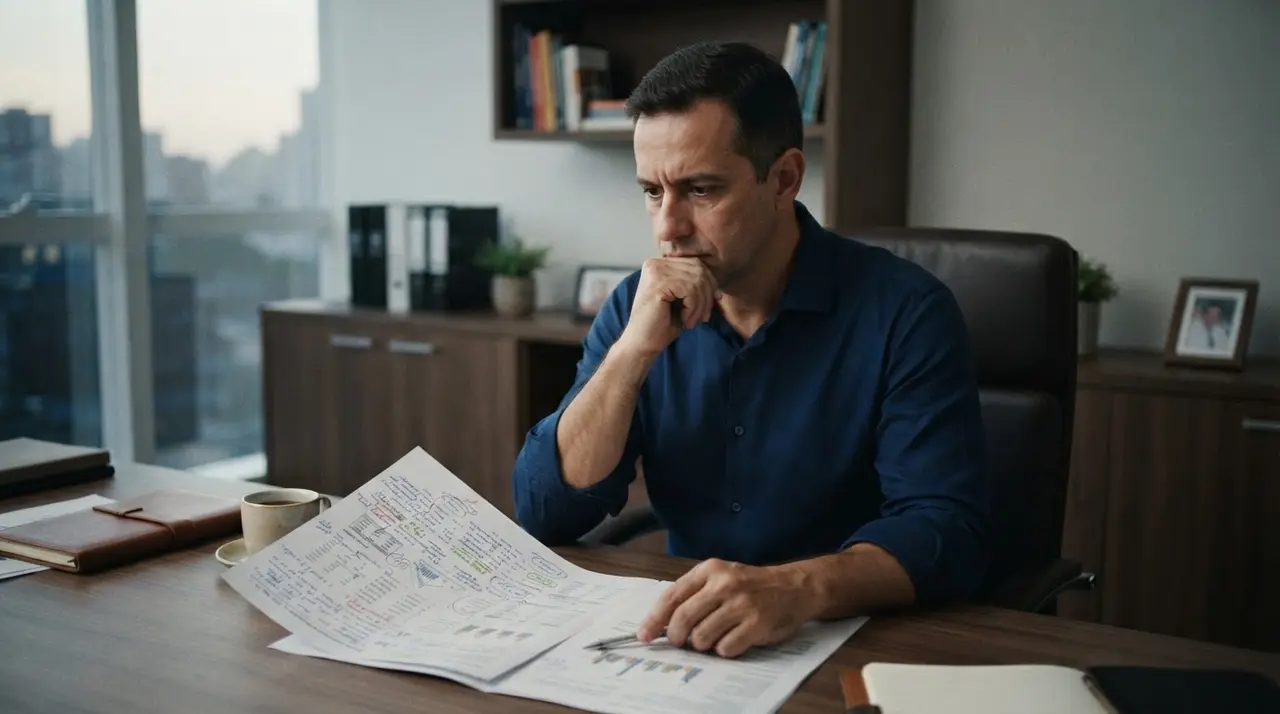 Empresário refletindo sozinho em seu escritório sobre decisões estratégicas