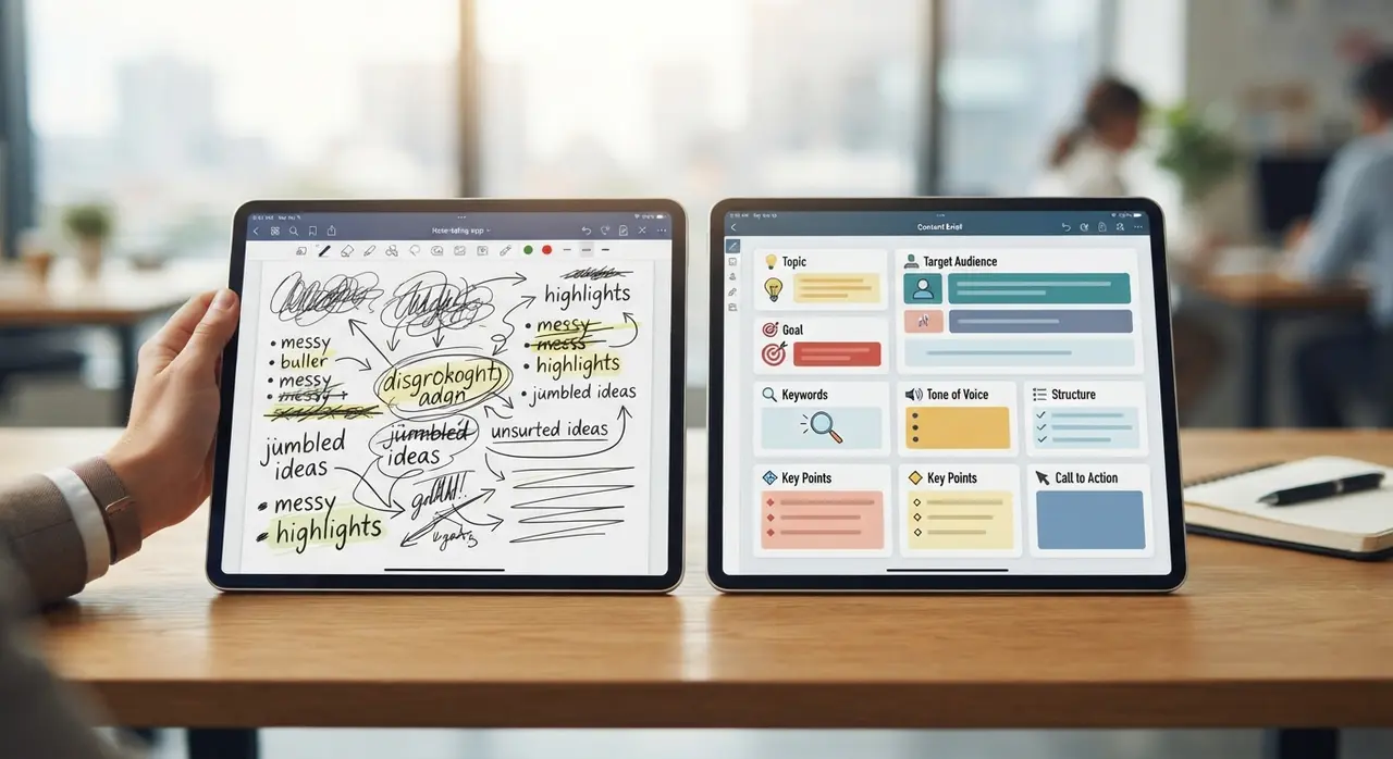 Comparação entre anotações desorganizadas e um documento de briefing estruturado em telas digitais
