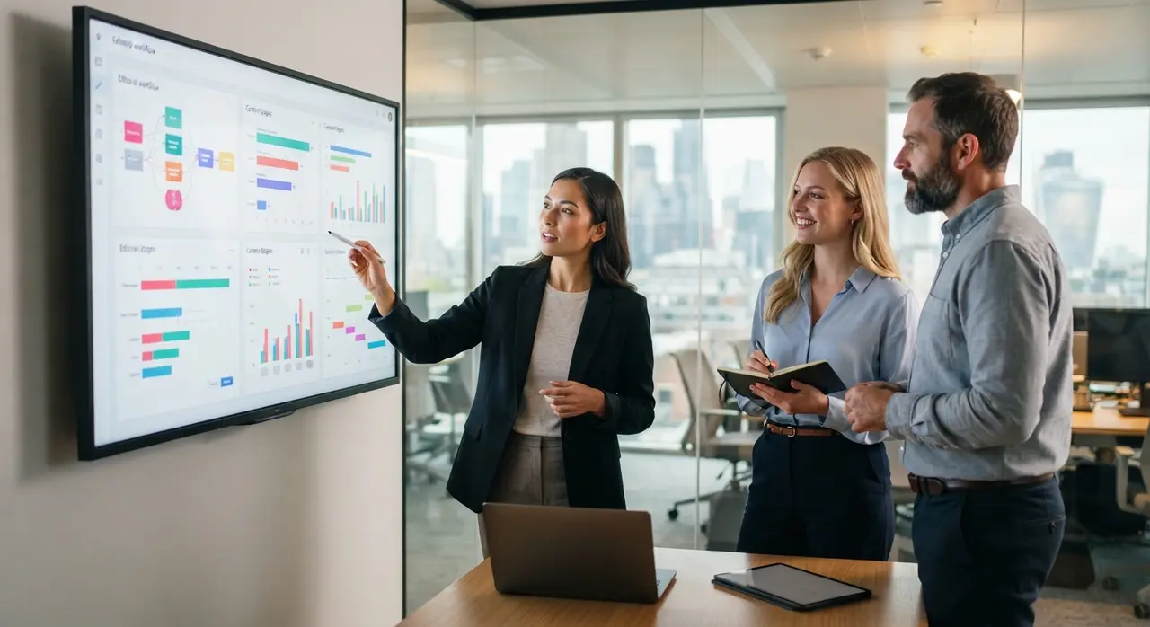 Estrategistas de marketing analisando um fluxo editorial em uma sala de reunião moderna