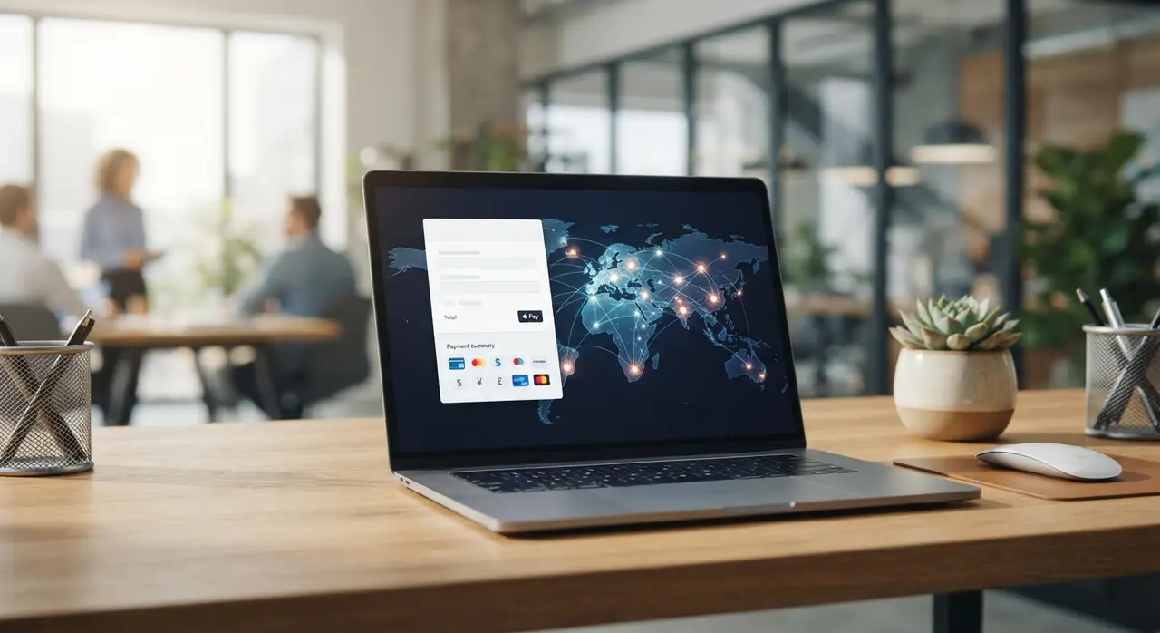 Laptop displaying secure international payment infrastructure for digital content software.