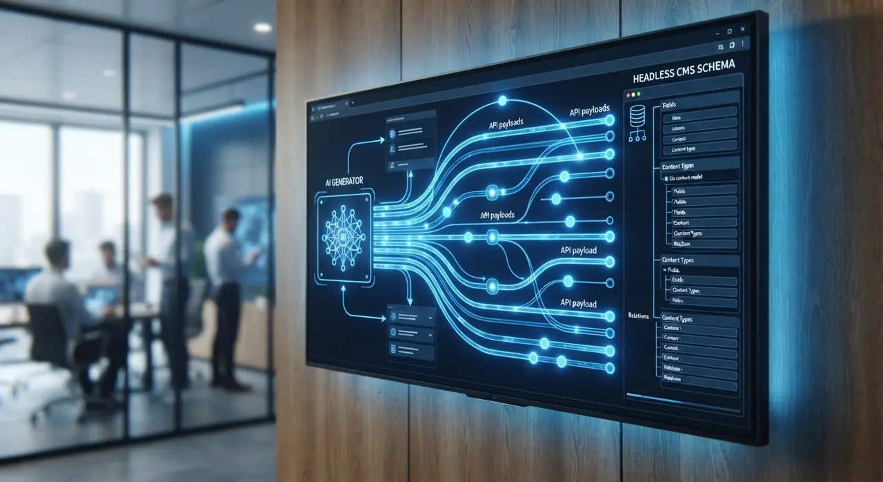 Diagrama de fluxo de dados mostrando integração entre motor de automação e API de um CMS headless