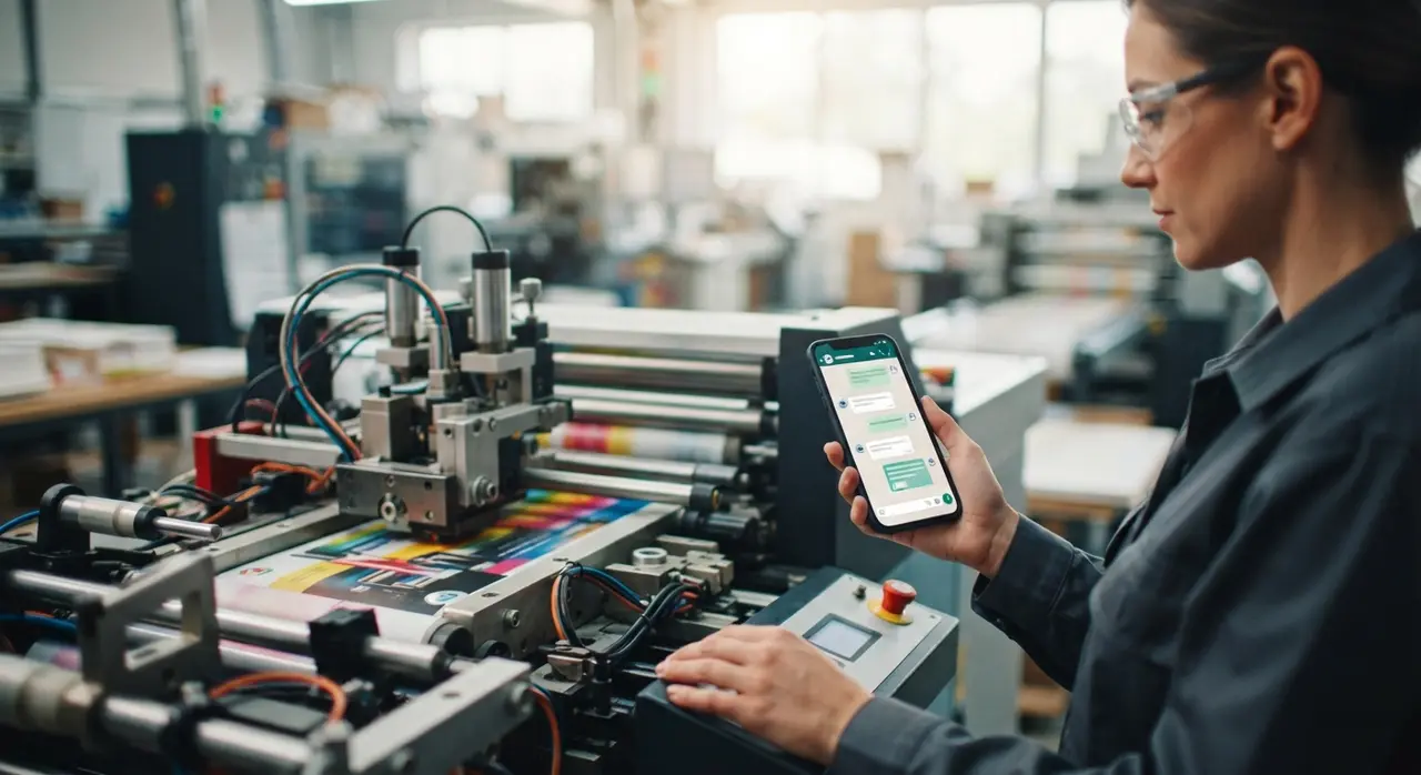 Pantalla de smartphone con bot de atendimento automatizando pedidos en taller de impresiones