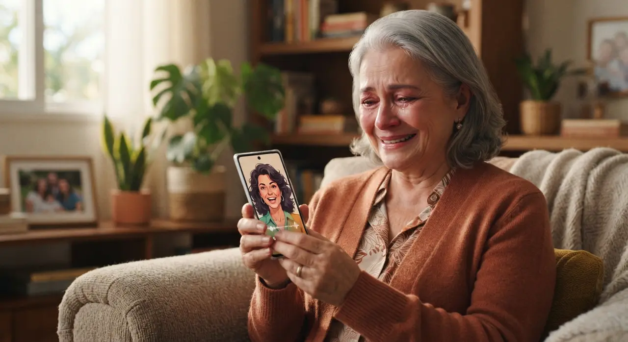 Idosa emocionada assistindo a uma foto que fala no celular
