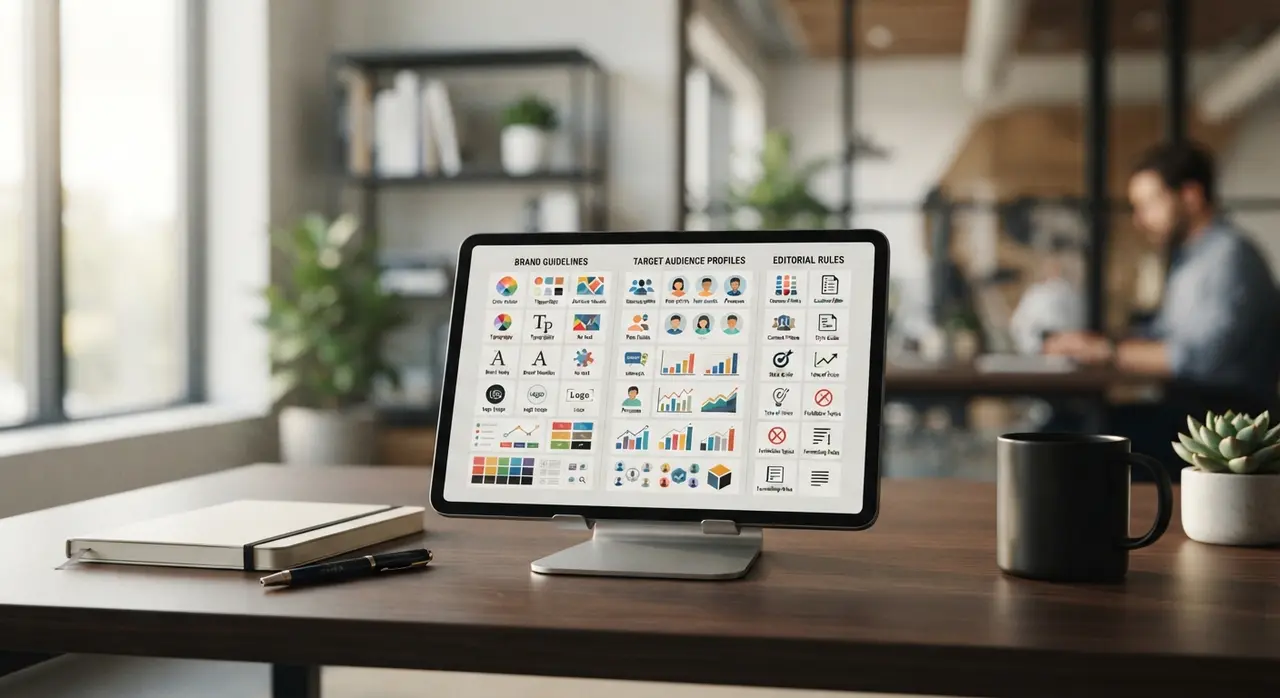 Mesa de trabalho com tablet exibindo matriz organizada de diretrizes de marca e perfil de público
