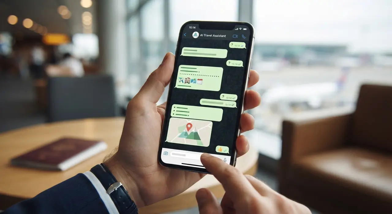 Interface de WhatsApp exibindo atendimento com assistente de ia enviando cotações e roteiros de viagem
