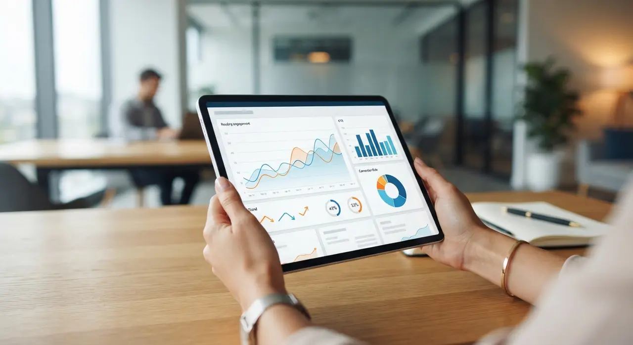 Painel digital exibindo métricas de desempenho e conversão de chamadas em artigos.