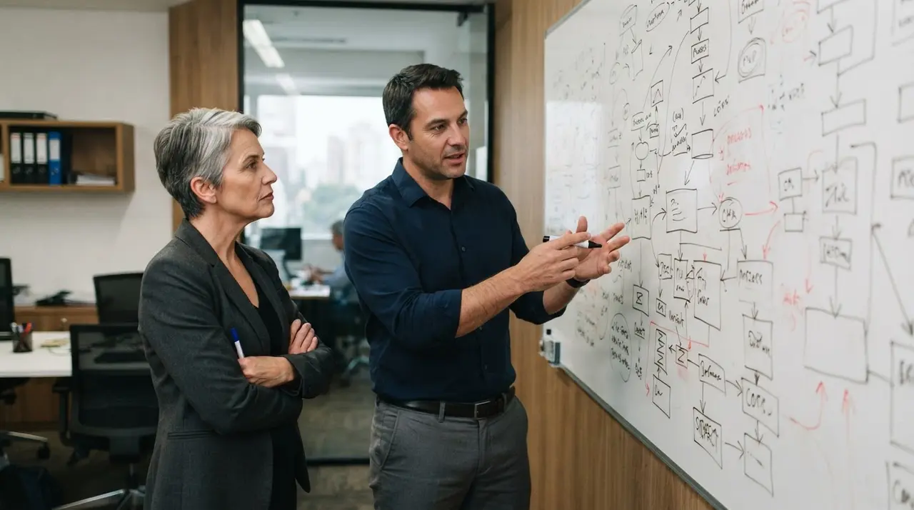 Empresário e advisor conversando sobre planejamento estratégico em frente a um quadro branco