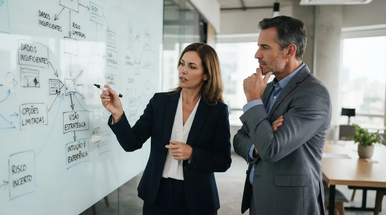 Executivos analisando cenários de decisão em um quadro branco