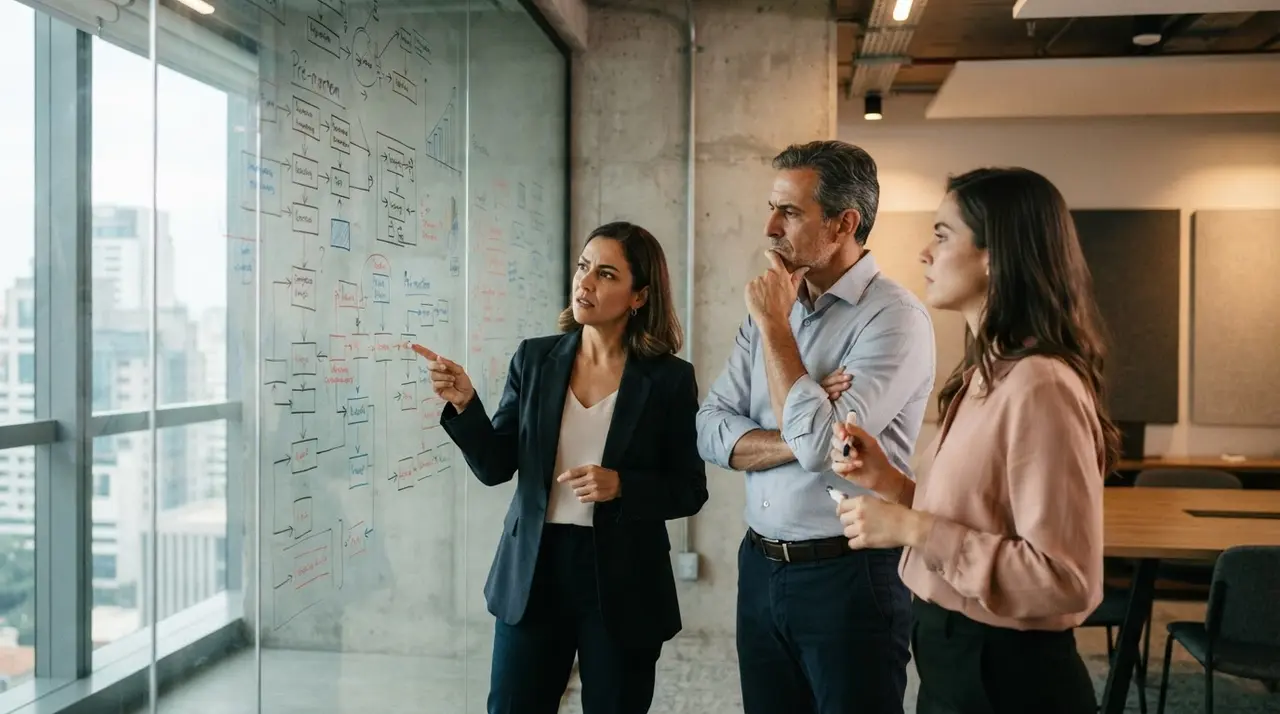 Gestores analisando cenários e riscos em um quadro branco durante reunião estratégica