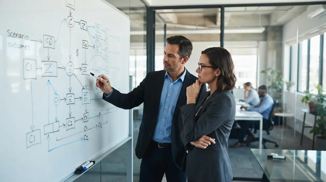 Executivos analisando cenários e caminhos estratégicos em um quadro branco