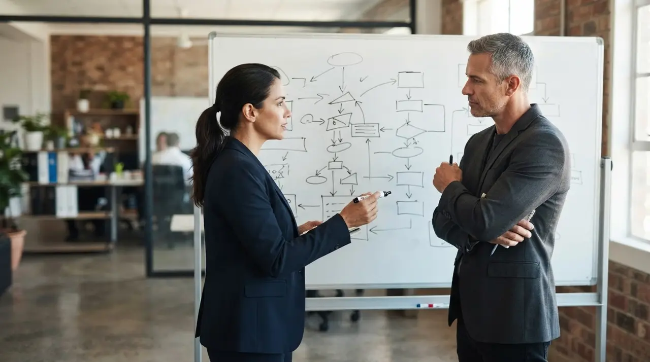 Executivos analisando cenários e tomando decisões estratégicas em ambiente corporativo