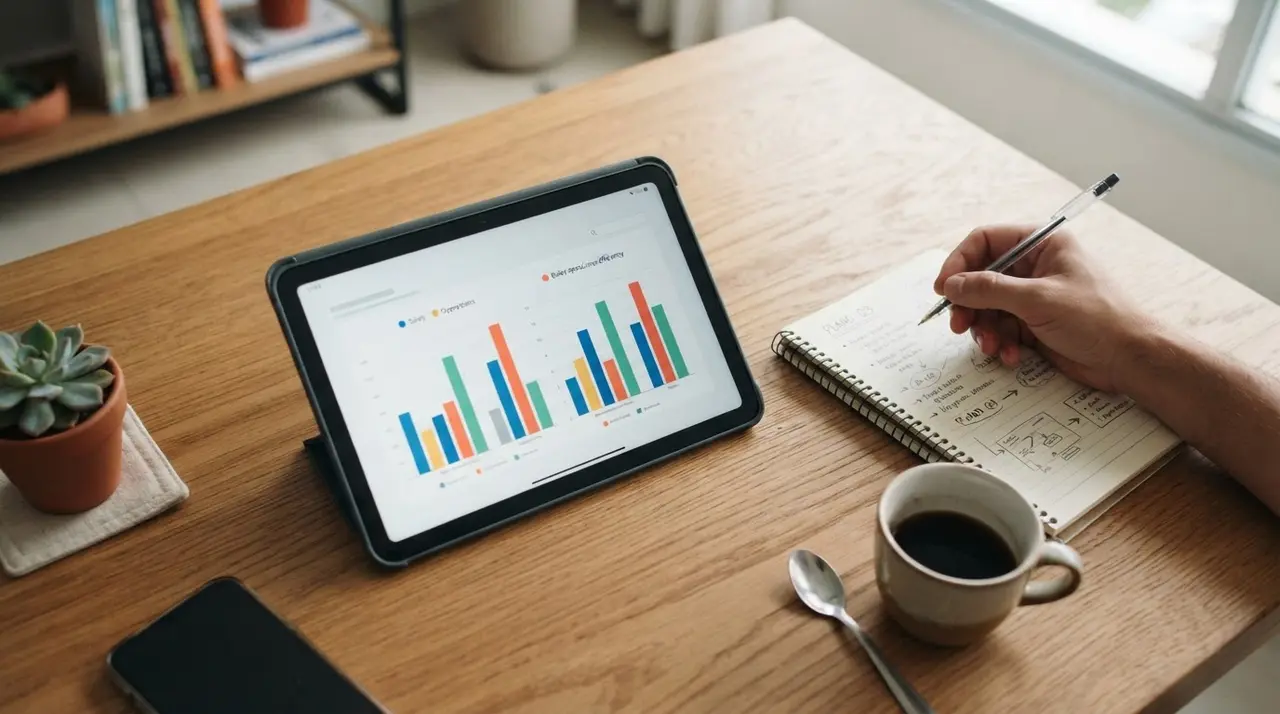 Mesa de trabalho com tablet e anotações financeiras