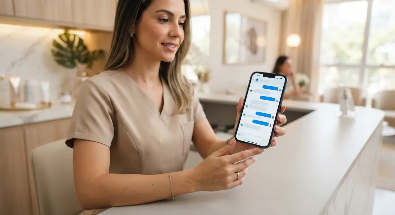 Aesthetic clinic staff utilizing an automated commercial agent on a tablet to manage patient inquiries.
