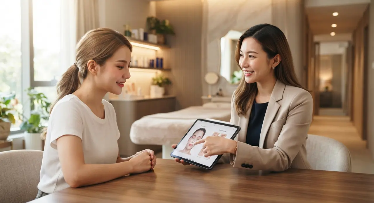 WhatsApp interface demonstrating commercial automation for patient customer acquisition in an aesthetics clinic.