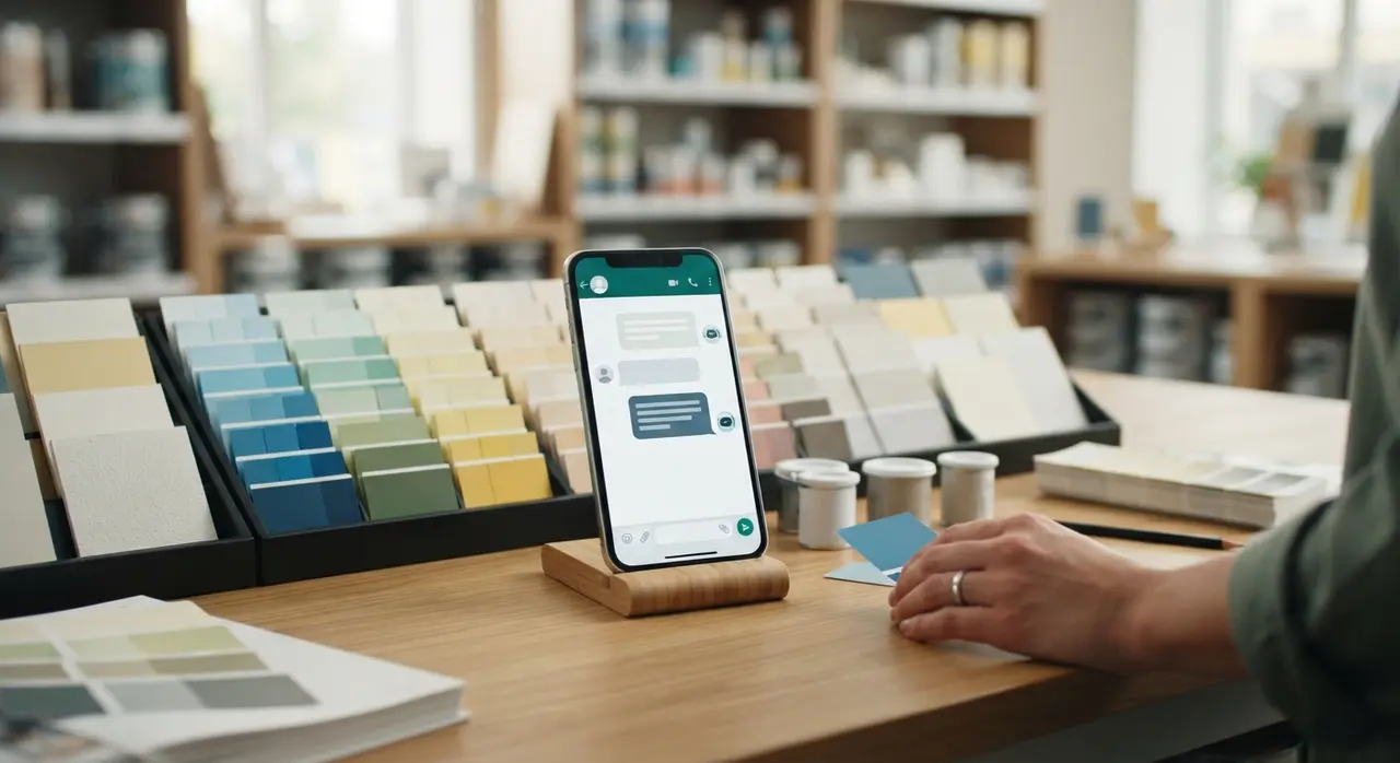 Retail clerk demonstrating automated paint selection system at store counter