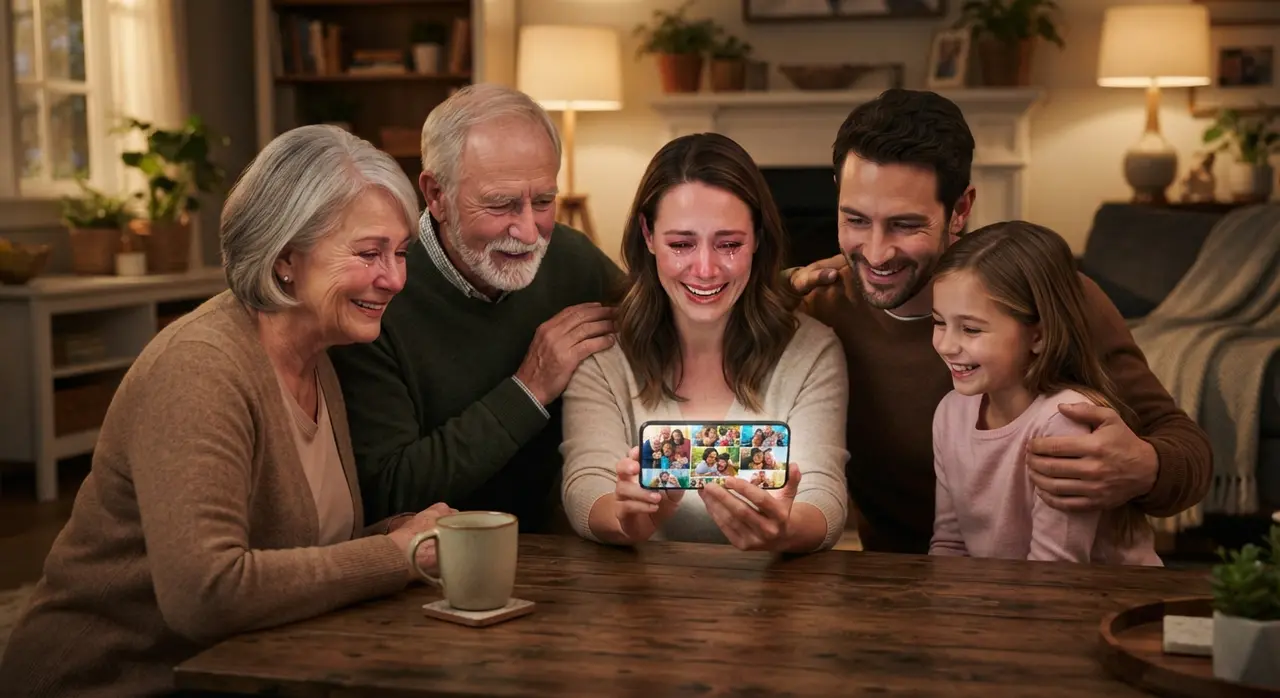 Familia emocionada al compartir vídeo no whatsapp con recuerdos de sus antepasados