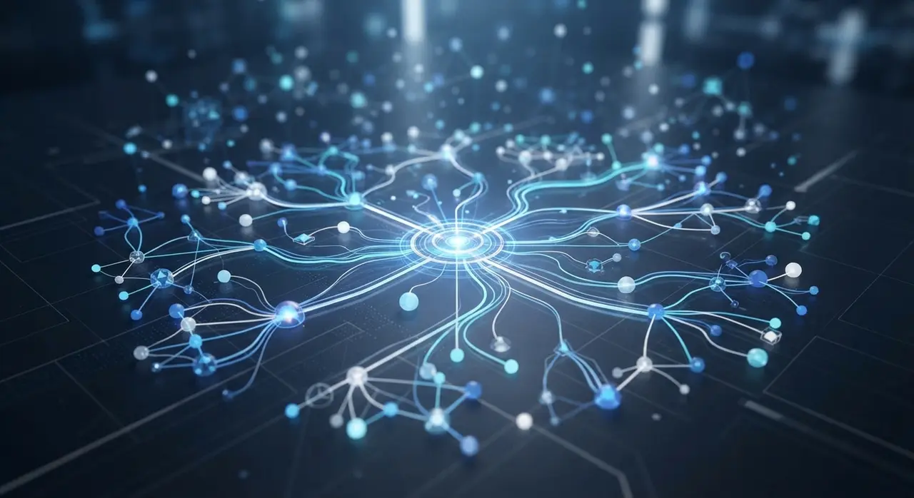 Ilustração conceitual representando uma rede interligada de tópicos e clusters de conteúdo SEO.