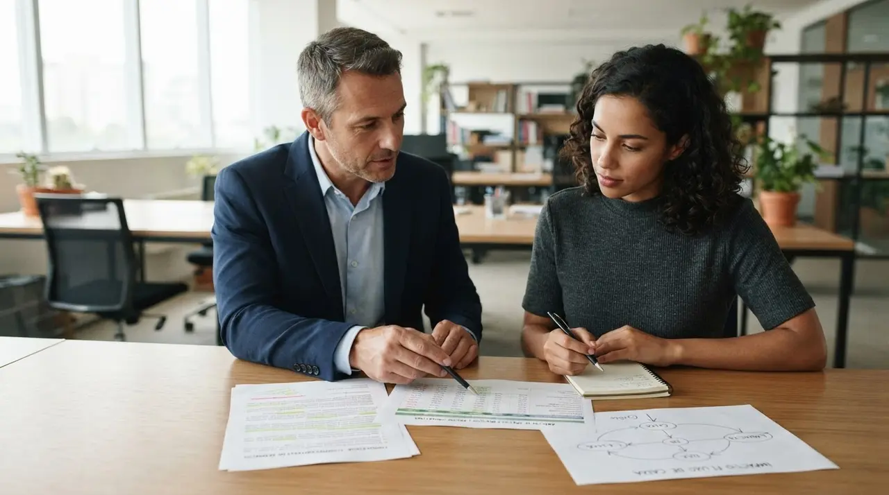 Gestores analisando projeções de fluxo de caixa e impactos financeiros em uma reunião estratégica.