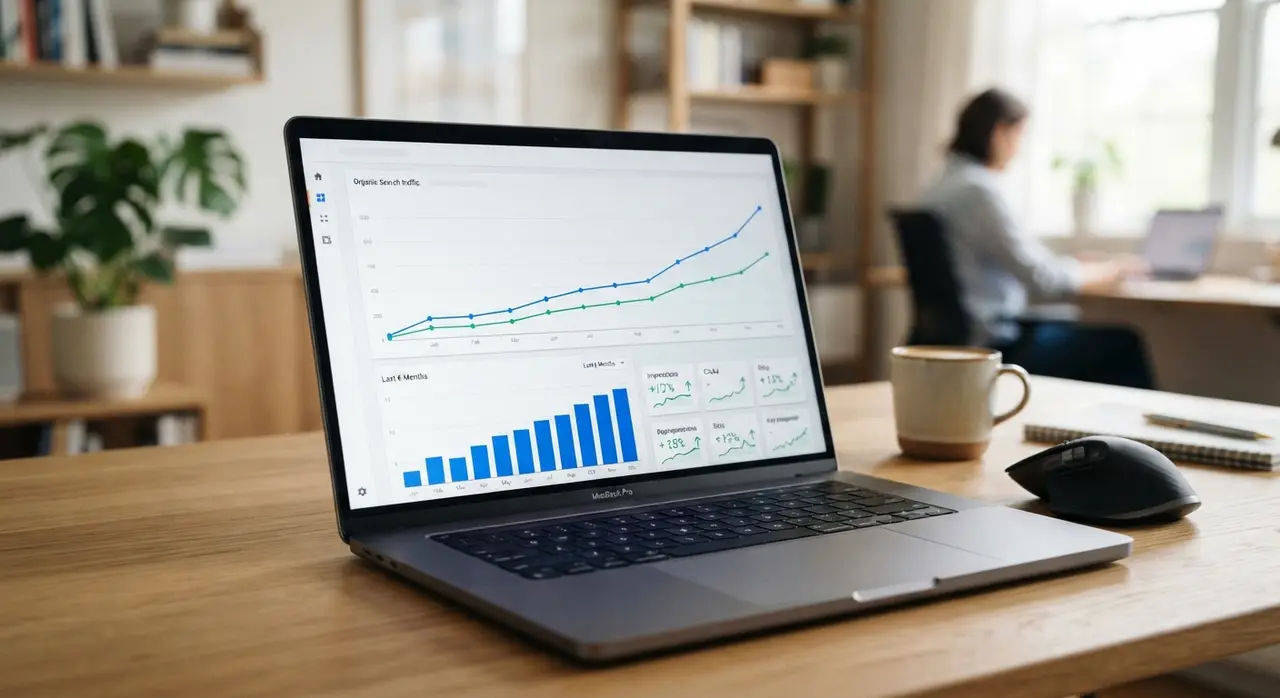 Gráfico de desempenho orgânico e métricas de pesquisa em uma tela de laptop.