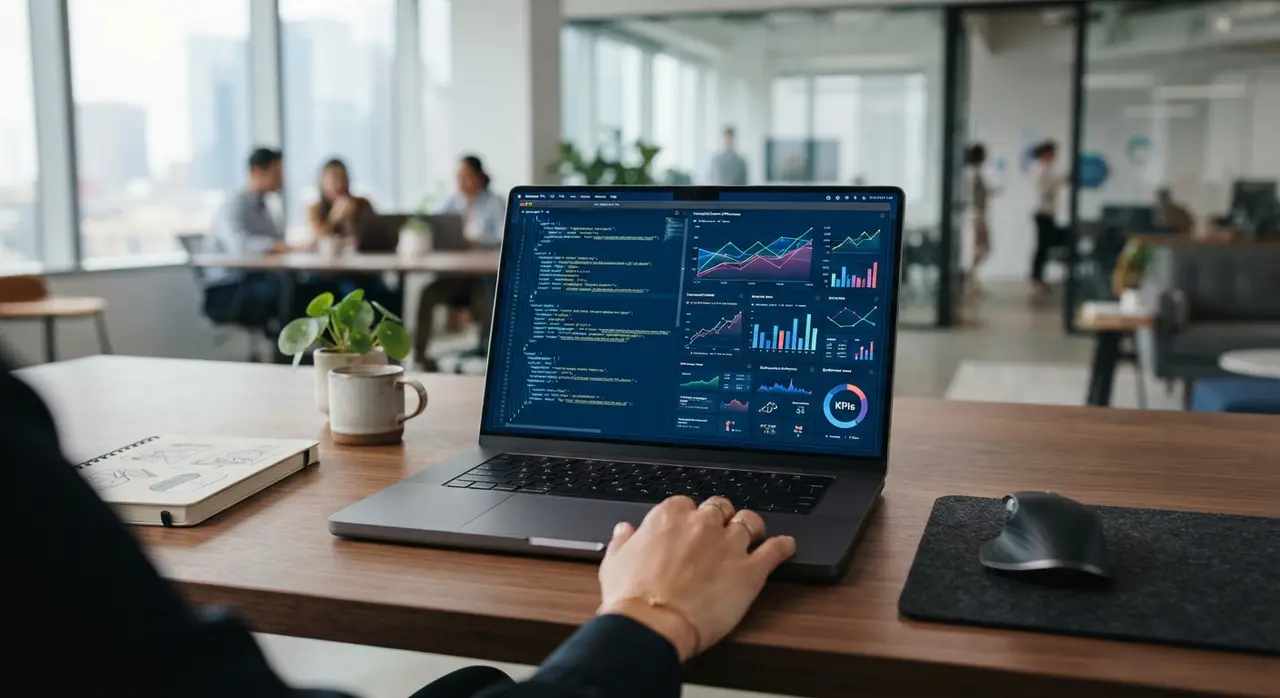 Ambiente de trabalho profissional exibindo análises técnicas de SEO e otimização de dados estruturados.