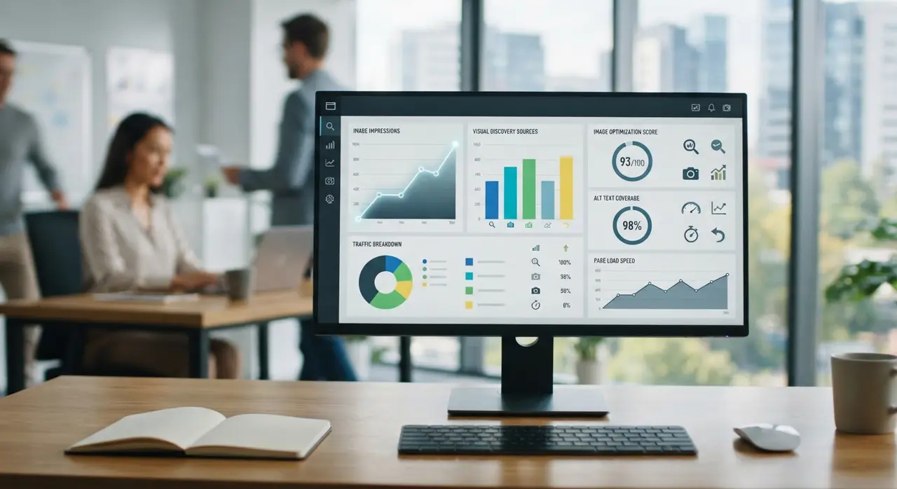 Interface simplificada de análise de dados de busca visual e desempenho de imagens em mecanismos de pesquisa.