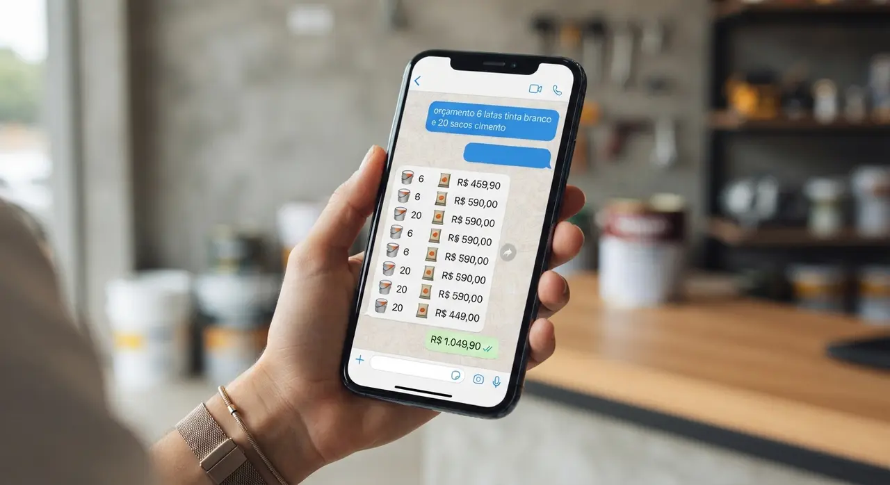 Contractor reviewing an automatic message quote on WhatsApp inside a hardware store
