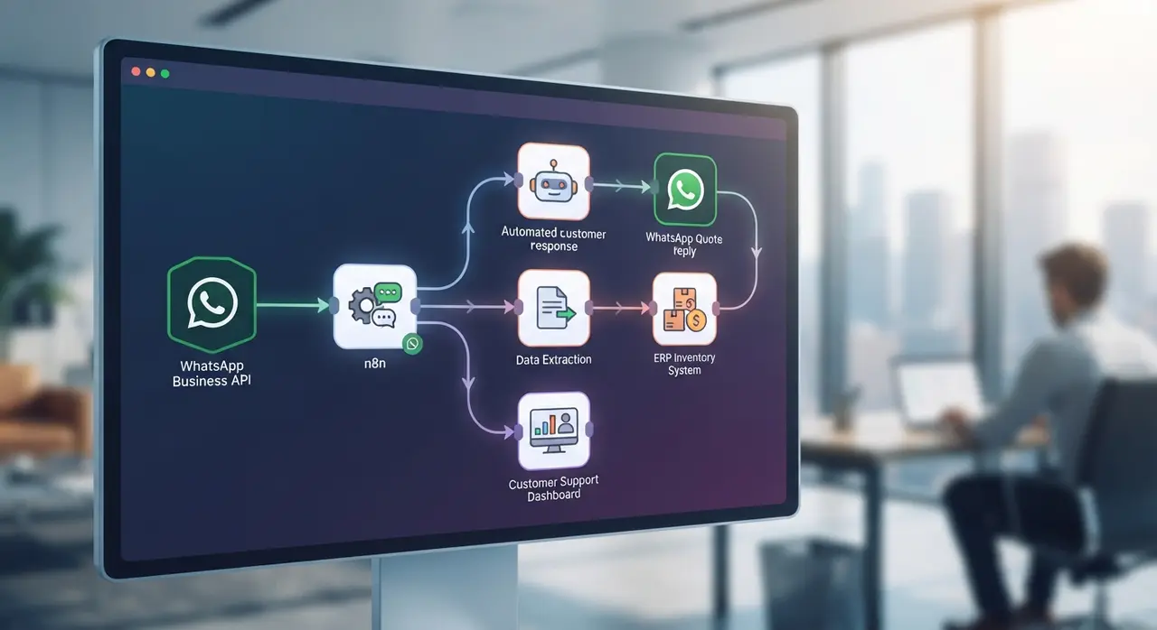 Diagram of an n8n workflow integrating WhatsApp material quotes with ERP stock data