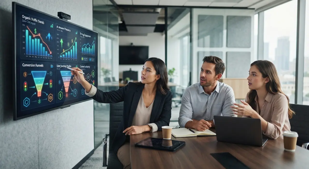 Equipe de planejamento de marketing analisando indicadores de autoridade de marca e desempenho de conteúdo