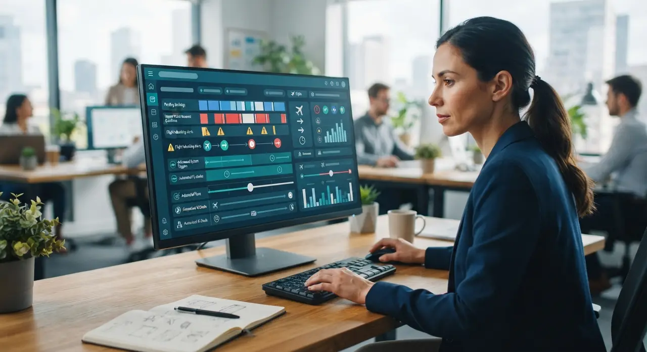AI back-office dashboard displaying automated ticket issuance schedules and WhatsApp bot notifications for travel agents