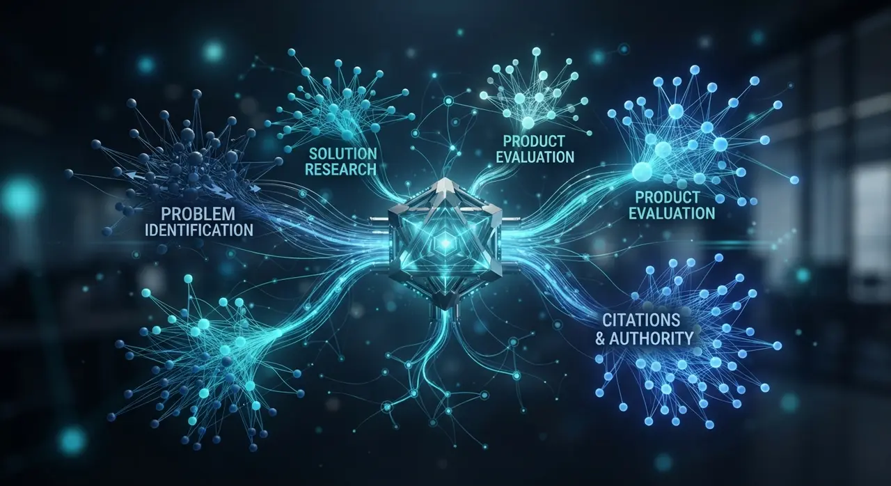 Diagrama conceitual representando a estruturação de clusters de conteúdo e entidades de marca para otimização em AI Search B2B.