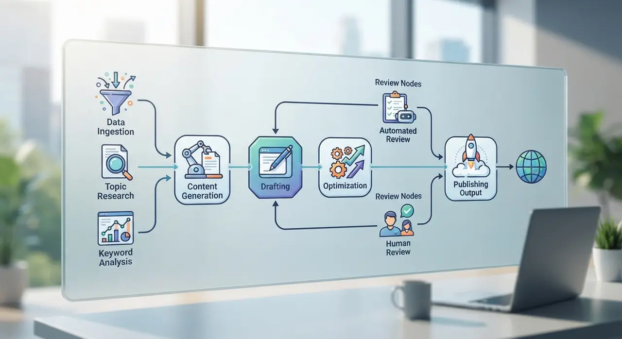 Ilustração do fluxo editorial de conteúdo, mostrando a transição entre dados de contexto, rascunho de IA, revisão humana e publicação no CMS.