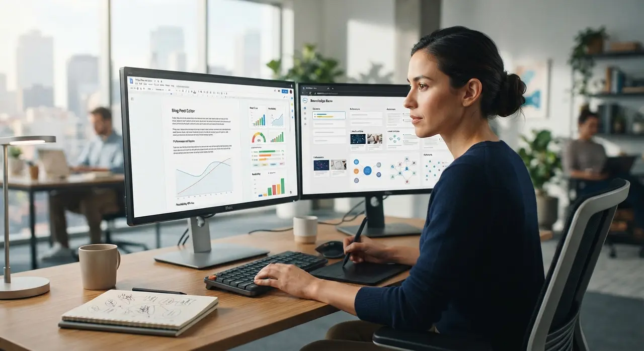Profissional de marketing revisando a precisão contextual e os aspectos de SEO de um artigo gerado por inteligência artificial.