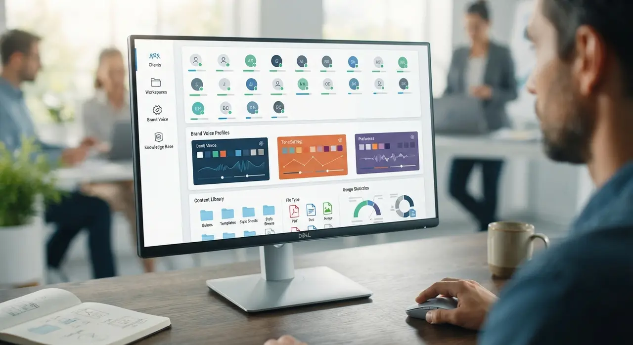 Interface de gerenciamento white label de múltiplos clientes com configurações de marca