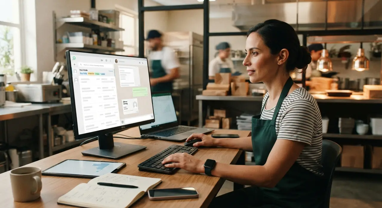 Atendente organizando pedidos de delivery no WhatsApp Business no computador
