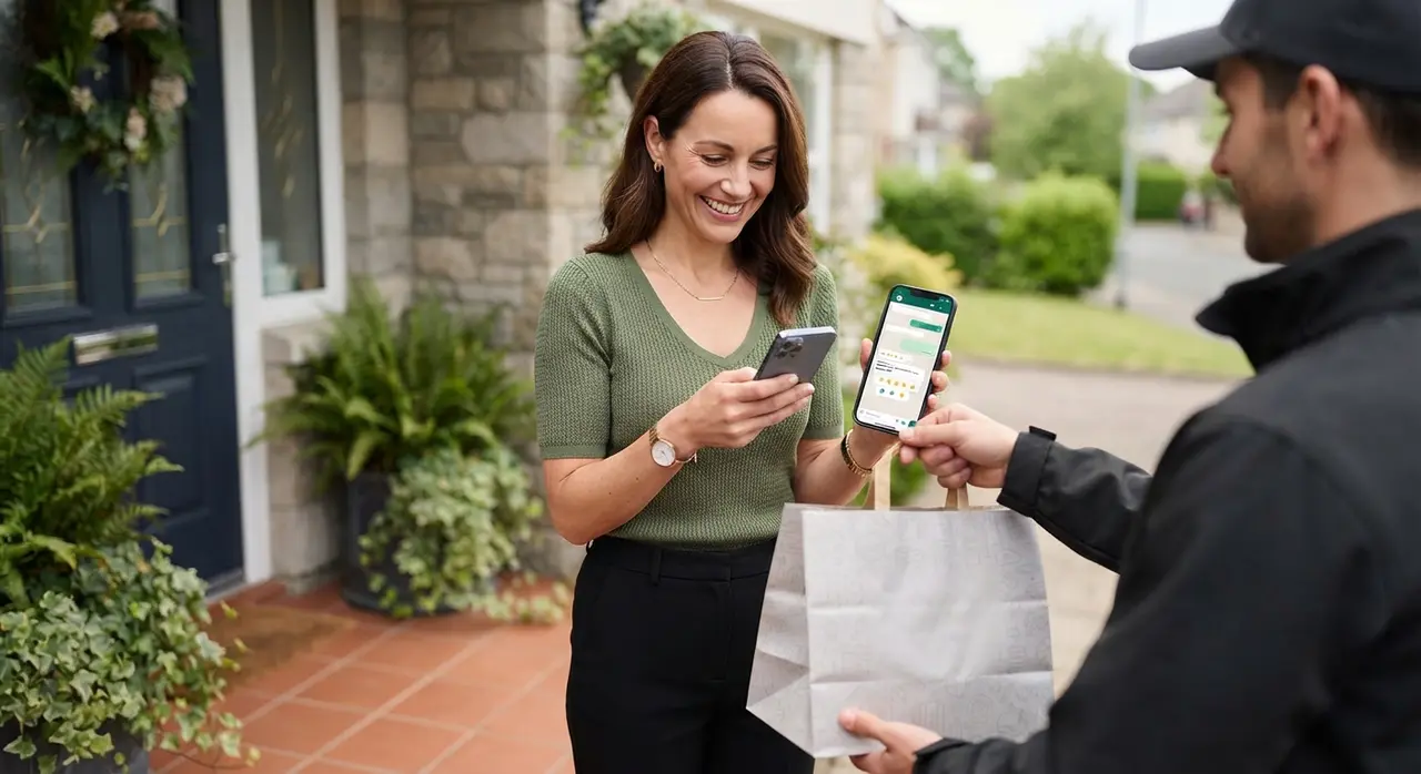 Cliente interagindo com mensagem de pós-venda no WhatsApp após receber o delivery