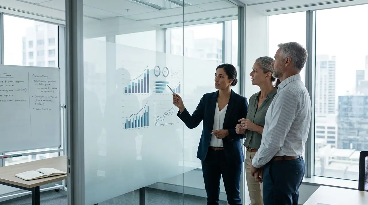 Executivos analisando indicadores de desempenho em uma reunião formal de governança corporativa.