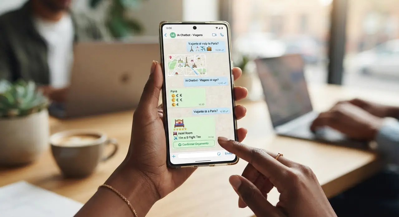 Interface de WhatsApp mostrando a un agente comercial virtual enviando una cotización de viaje personalizada