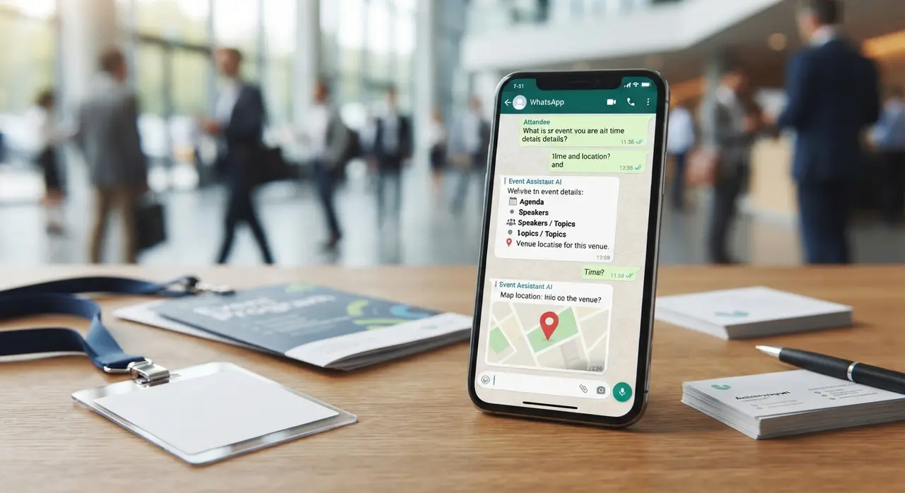 Interface de WhatsApp automatizado respondendo dúvidas de participantes de eventos.