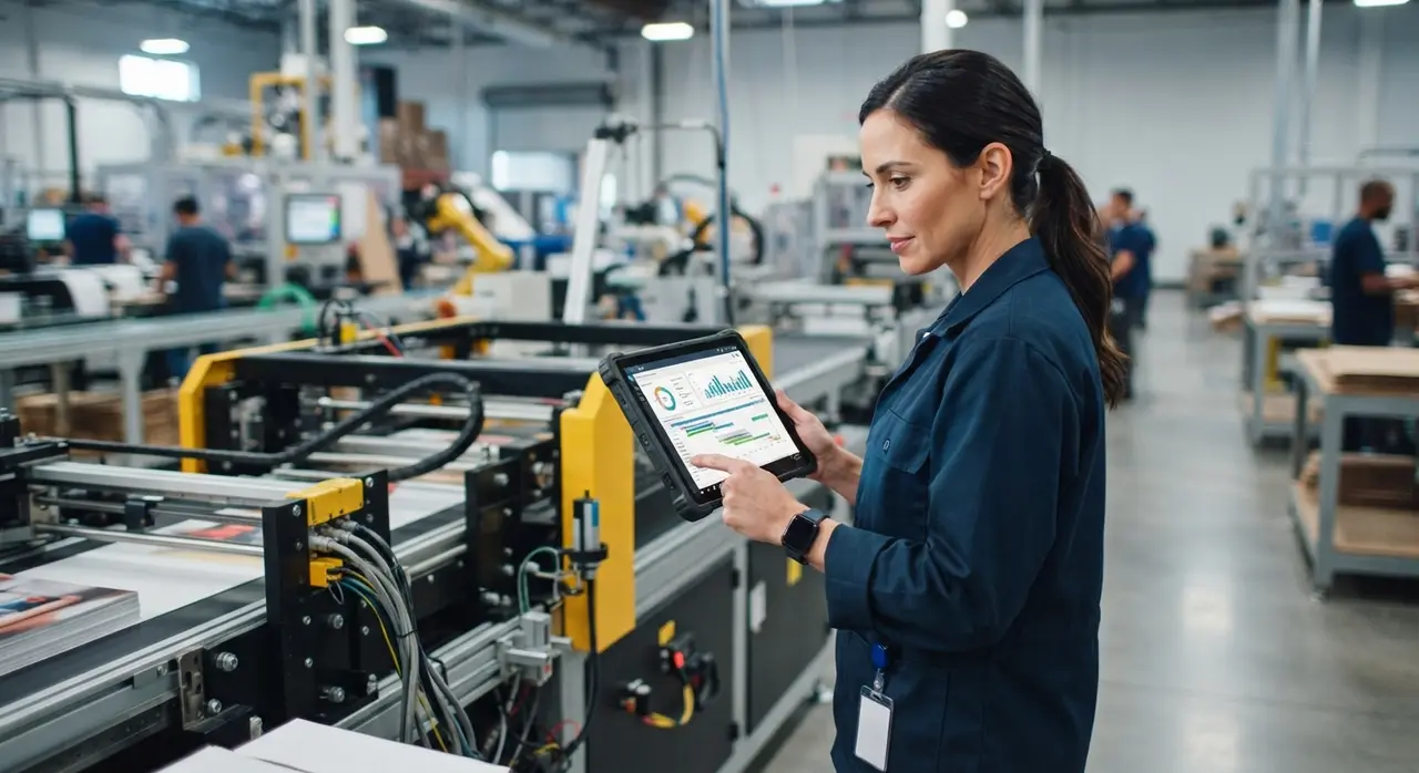 Factory production manager viewing real-time ERP queue data on a tablet using automation tools