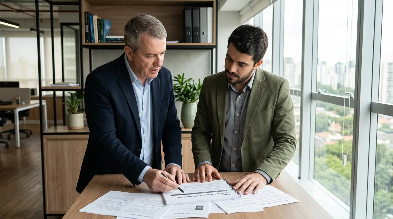 Executivos analisando checklist de profissionalização e planejamento em reunião de gestão.