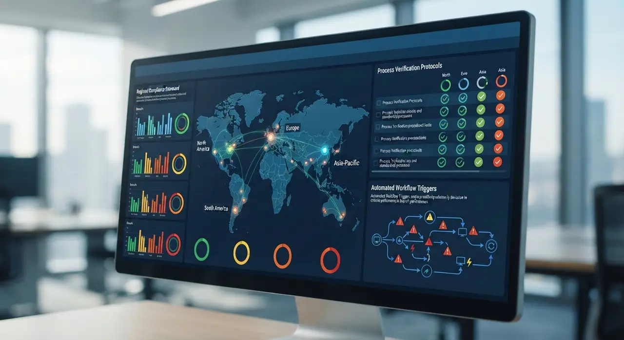 Operational manager reviewing process standardization with AI on a digital management dashboard.